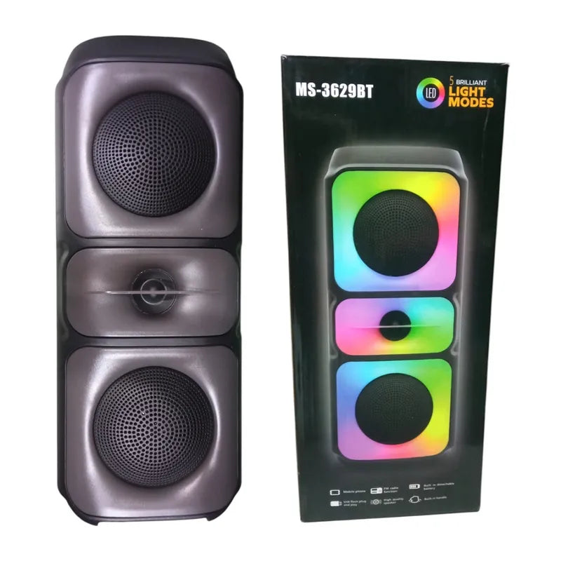 Portable Bluetooth speaker, metallic gray with two round speaker grilles