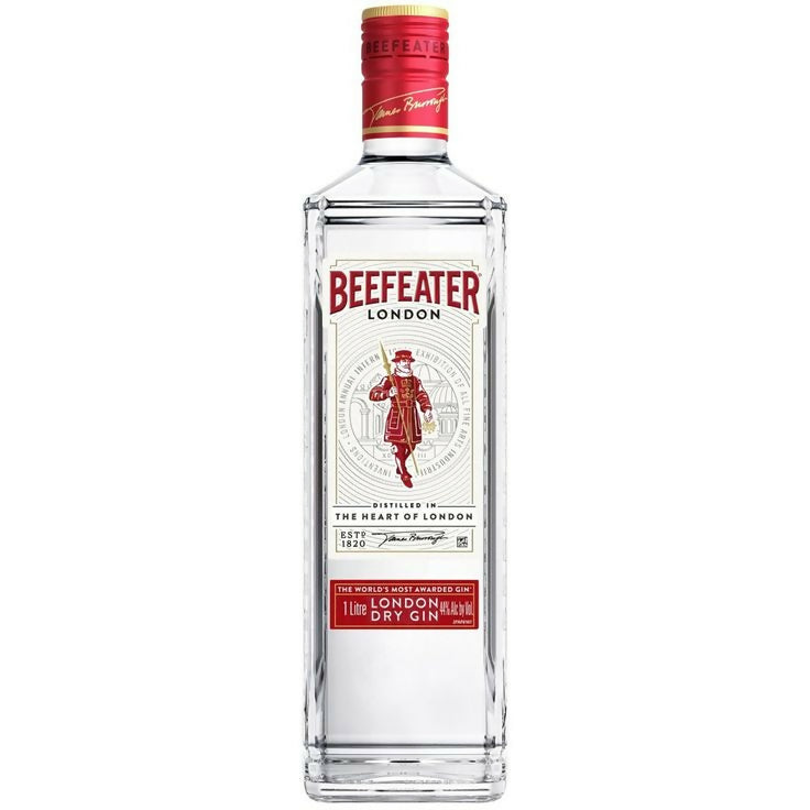 Beefeater London dry gin 1L bottle, clear glass with red cap and label