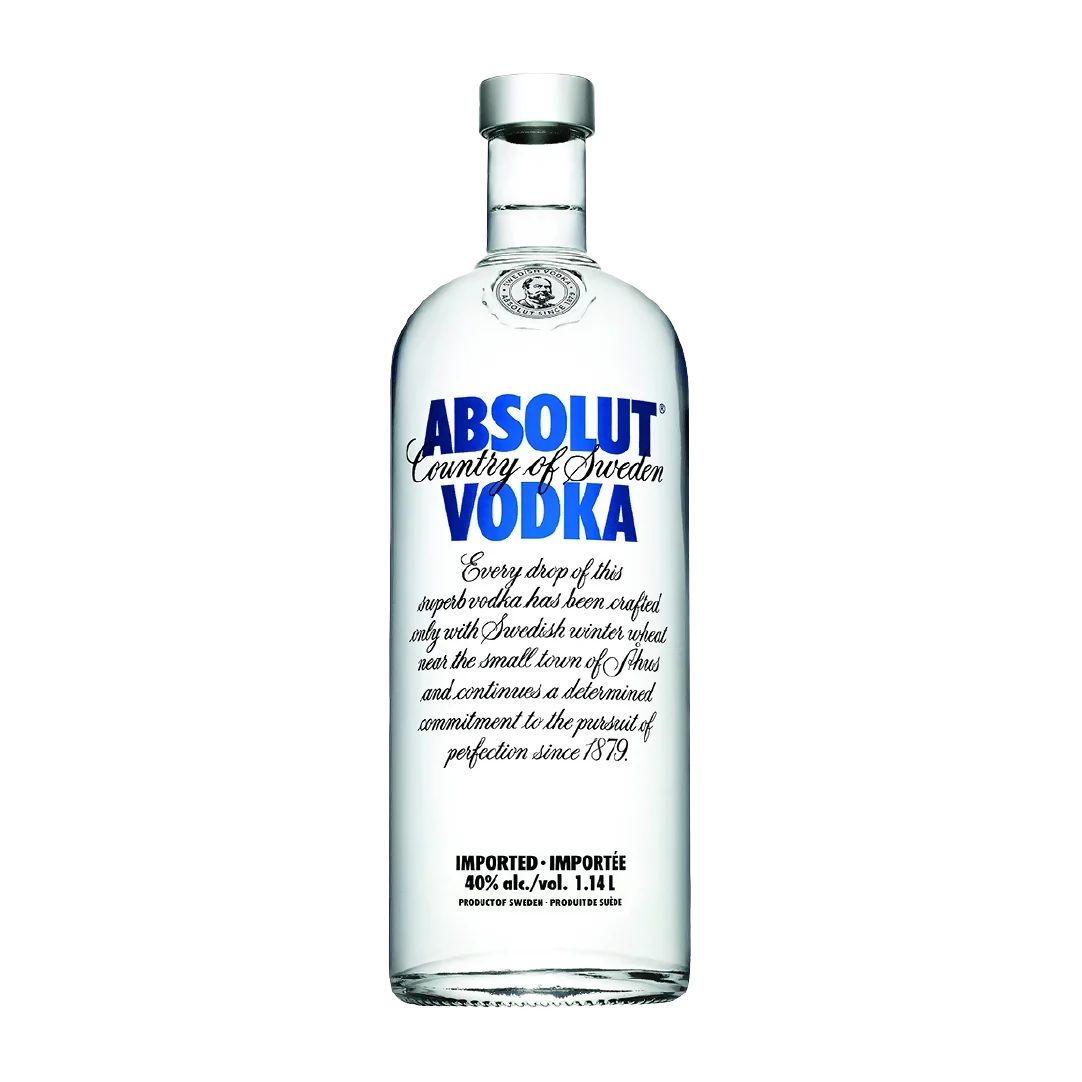 Absolut Vodka 1L glass bottle with silver cap, clear spirit label