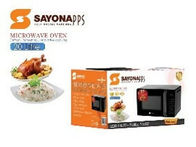 Microwave oven with digital control panel, shown in retail box packaging