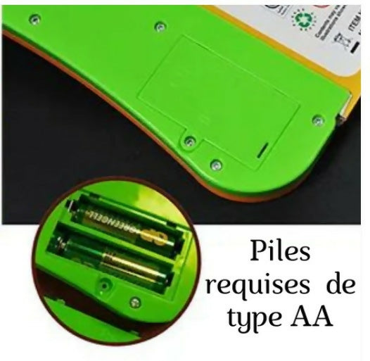 Green electronic learning book battery compartment with AA battery slot detail