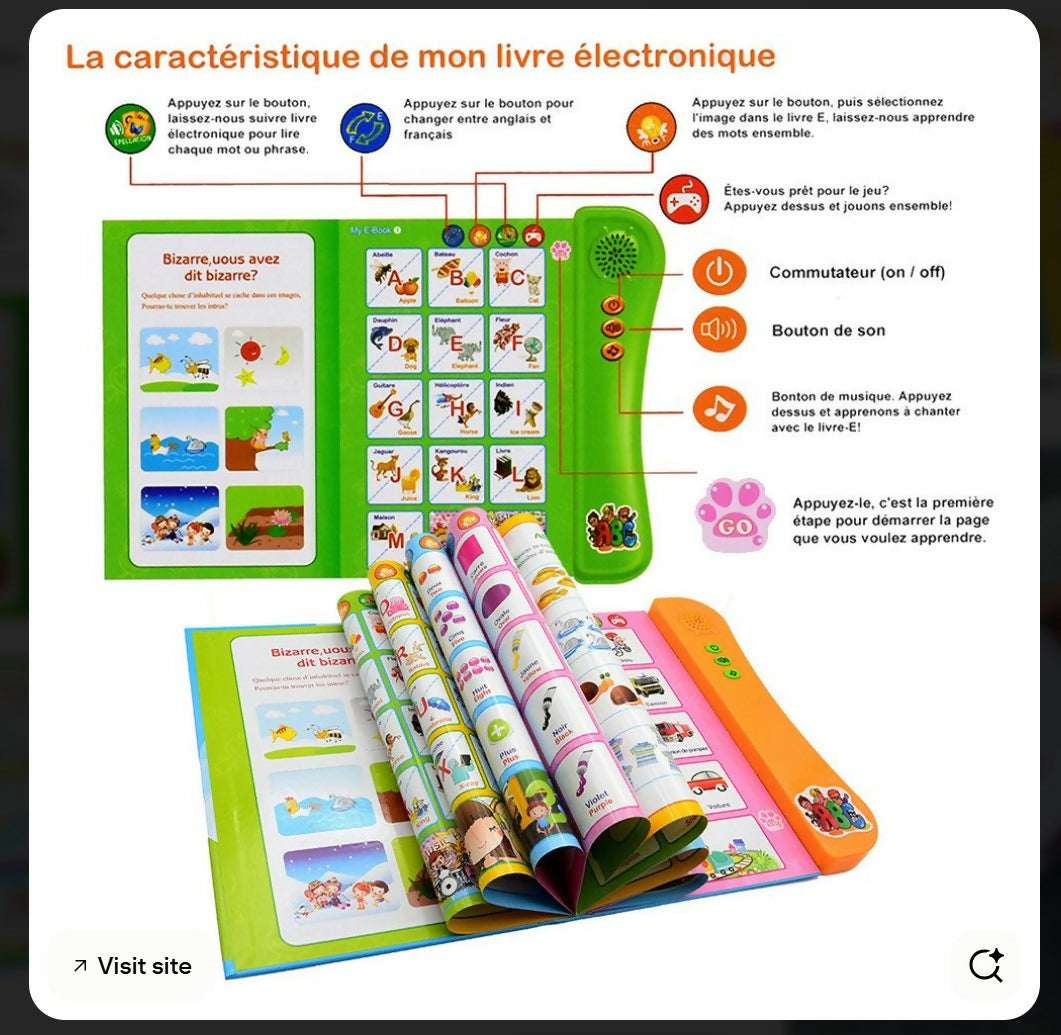 Electronic learning book instruction panel with green speaker area and rolled pages
