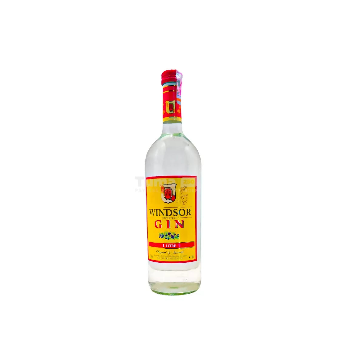 Windsor gin bottle, 1L size, red cap with front yellow label