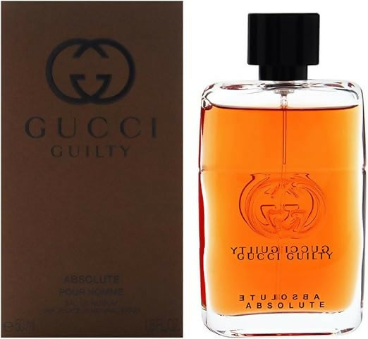 Men's Eau de Parfum bottle with orange liquid and black cap, branded Gucci logo